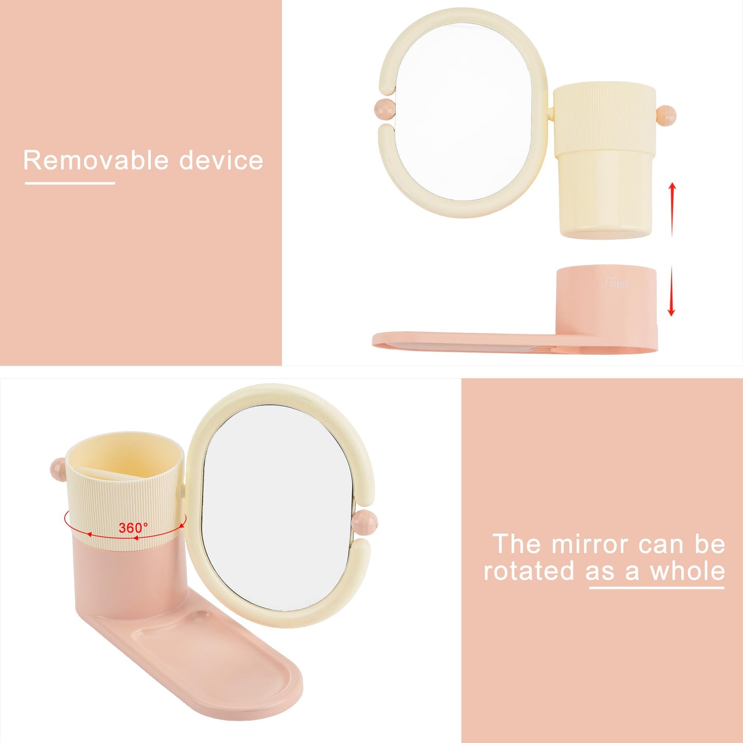 Umbrotiger Desk Organizer with Magnifying HD Rotating Glass Mirror 360° Adjustable Dual-Purpose Makeup Brush Holder Pen Caddy, Pink & White ABS Storage for Office & Vanity Accessories+Free Lens Cloth