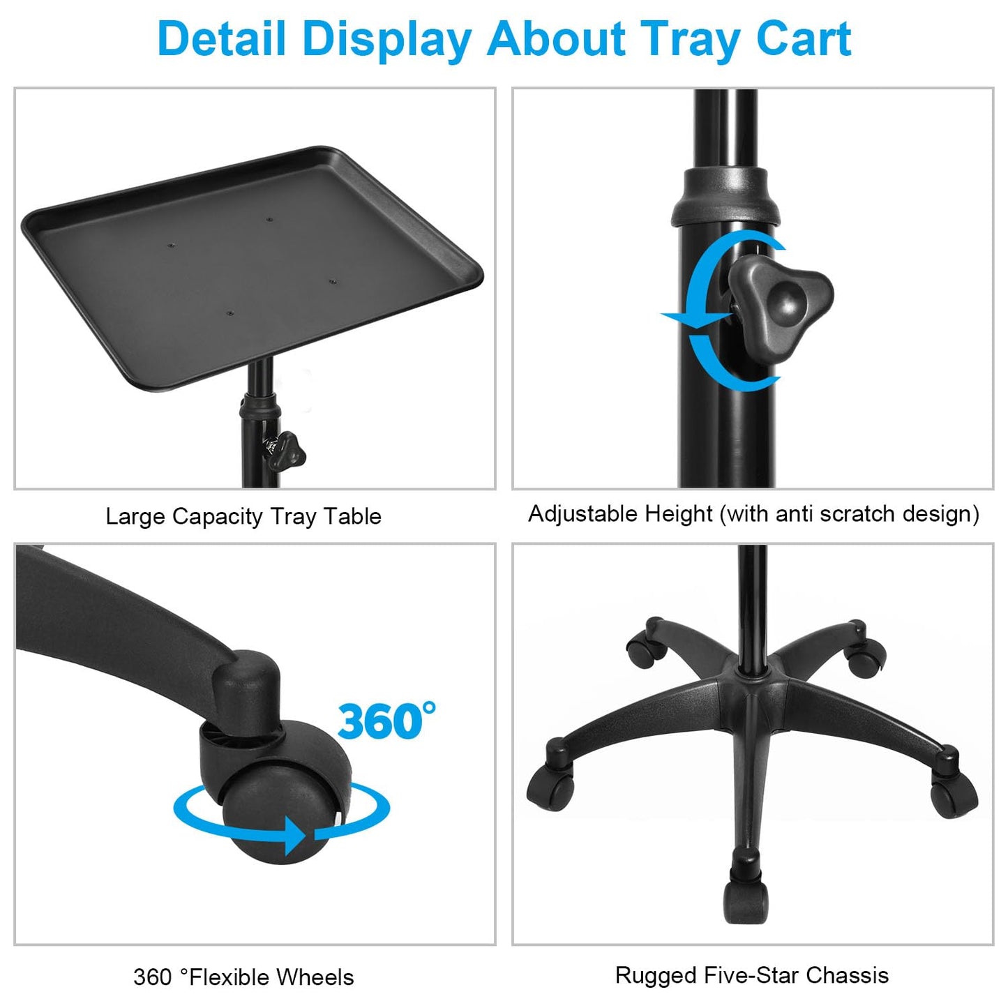 JOSTZHXIN Salon Rolling Tray, Premium Aluminum Tattoo Tray Rolling Cart, Height Adjustable Styling Tray, Service Storage Tray Trolley for Beauty Salon Clinic Spa