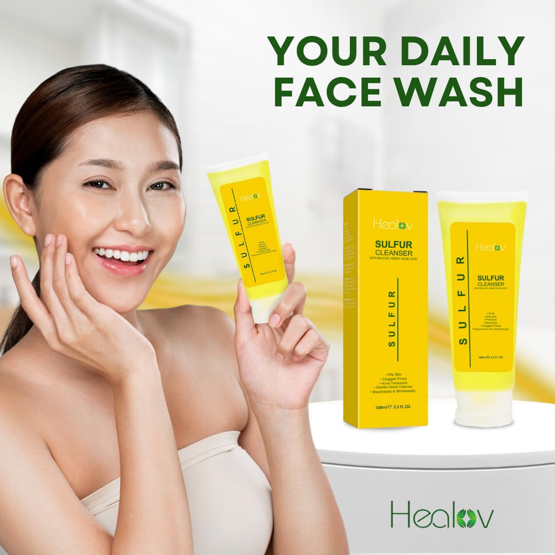Healov Sulfur Soap – Sulfur Face & Body Wash for Acne – Sulphur Exfoliating Facial Cleanser Absorbs Excess Oil, Reduces Breakouts, & Cleanses Skin – Natural Cystic Acne, Rosacea Skin Care Treatment