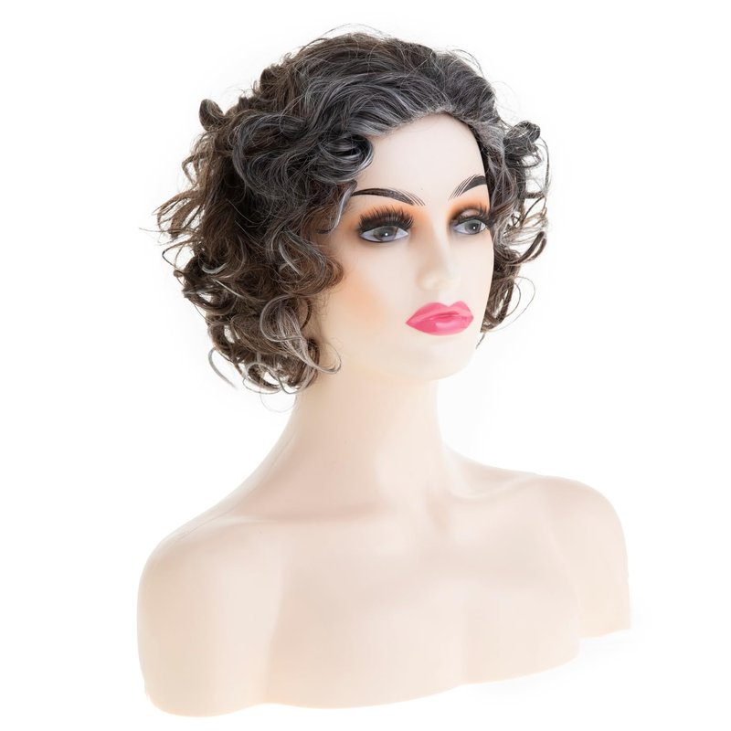 Short Brown Curly Wig for Women - Synthetic Mixed Grey Big Curly Bob | Cosplay Hair with Wig Cap