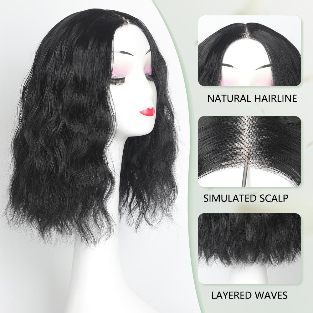 GUDOZO Short Wavy Wig for Women 14Inch Shoulder Length Curly Wavy Bob Synthetic Heat Resistant Fiber Wigs for Daily Party Use Black Mix Brown