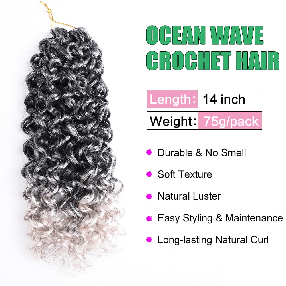 Silke Grey Curly Gogo Curl Ocean Wave Crochet Braids Hair 6 Pack Water Wave Hair Extensions For Women (14inch,Tgrey)