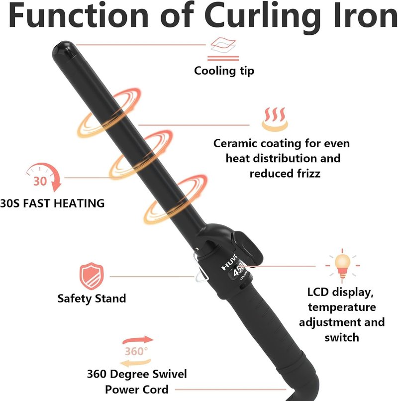 Curling Iron - 1 Inch Ceramic Curling Iron with Fast Heat & LCD Display | Adjustable 180°F-450°F for Long-Lasting Beach Waves, Black
