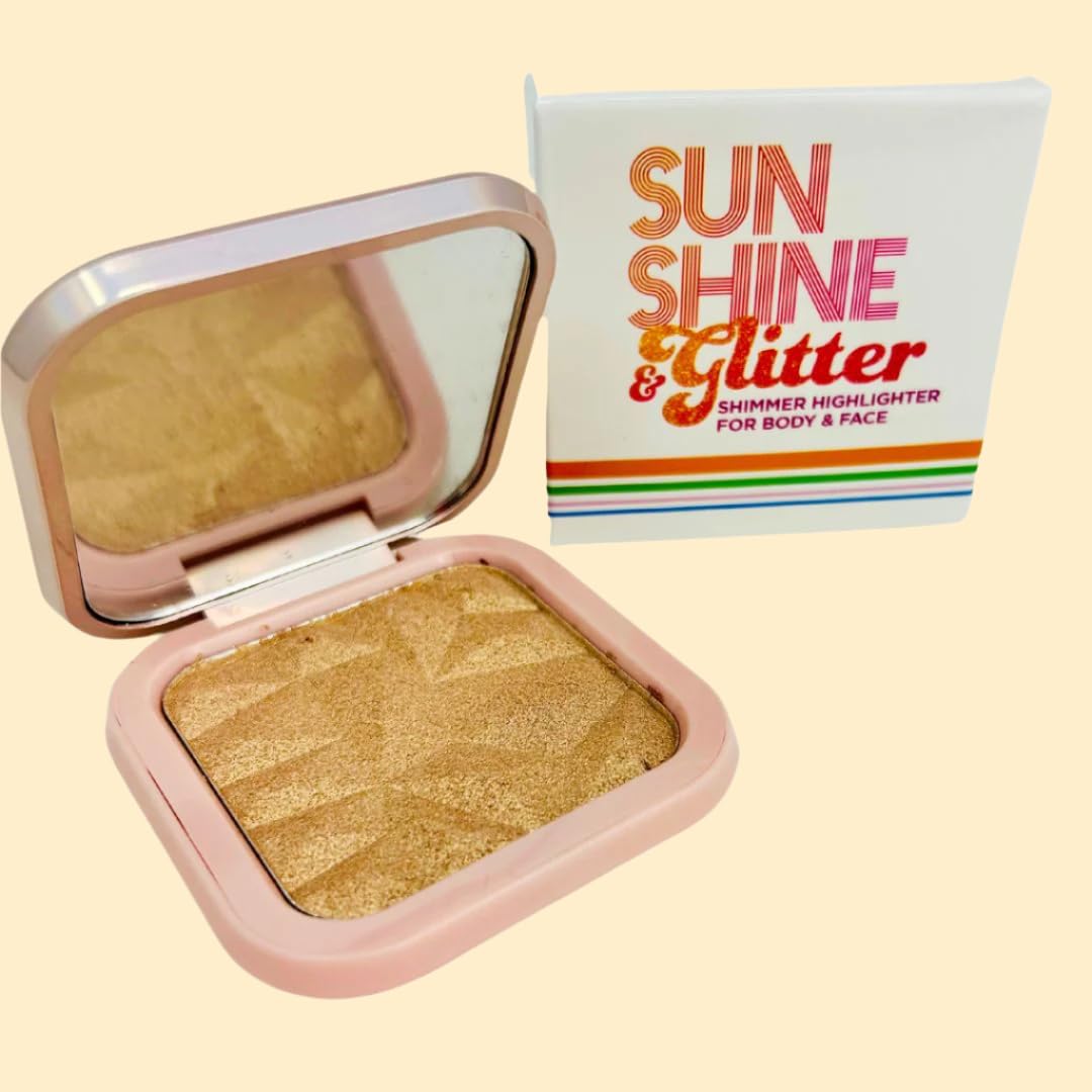 Sunshine & Glitter Highlighter Shimmer Compact-Sunkissed- Face Shimmer and Glow for Everyday Contour with Luminizer Natural,Night Out Beach Day Beauty highlighter makeup highlight palette