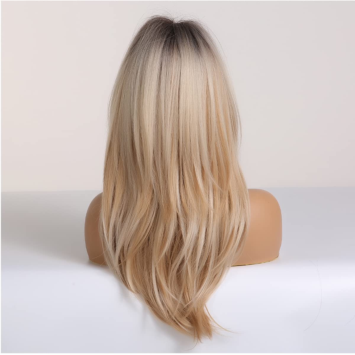 Blonde Layered Wig for Women - Dark Roots Long Blonde Wig with Bangs | Heat Resistant Synthetic Hair