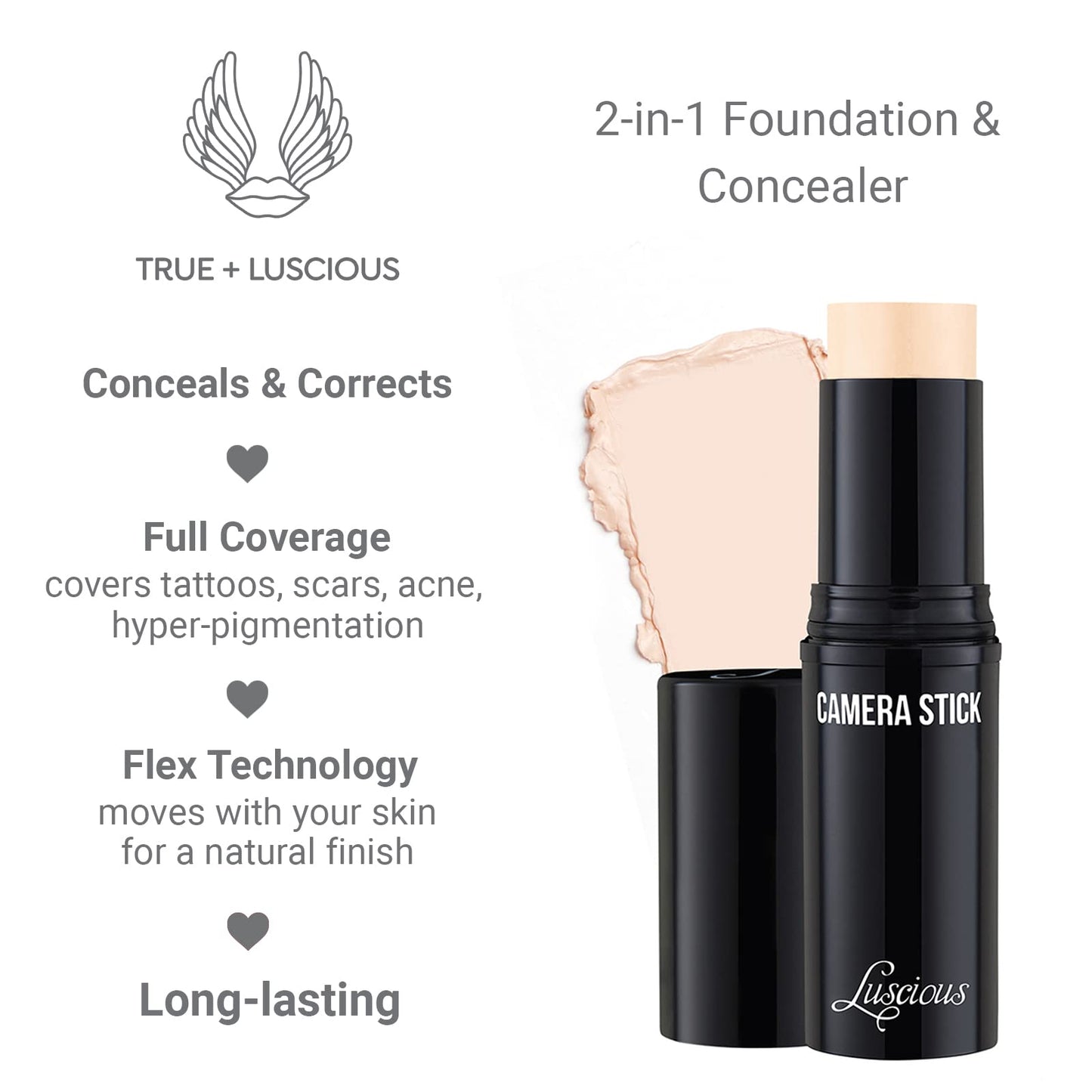 True + Luscious Camera Stick Foundation | Full Coverage Cream for Flawless Airbrushed Skin | Hydrating Non-Comedogenic Formula | Vegan Paraben-Free Cruelty-Free 0.49 oz | Shade 1: Light Beige