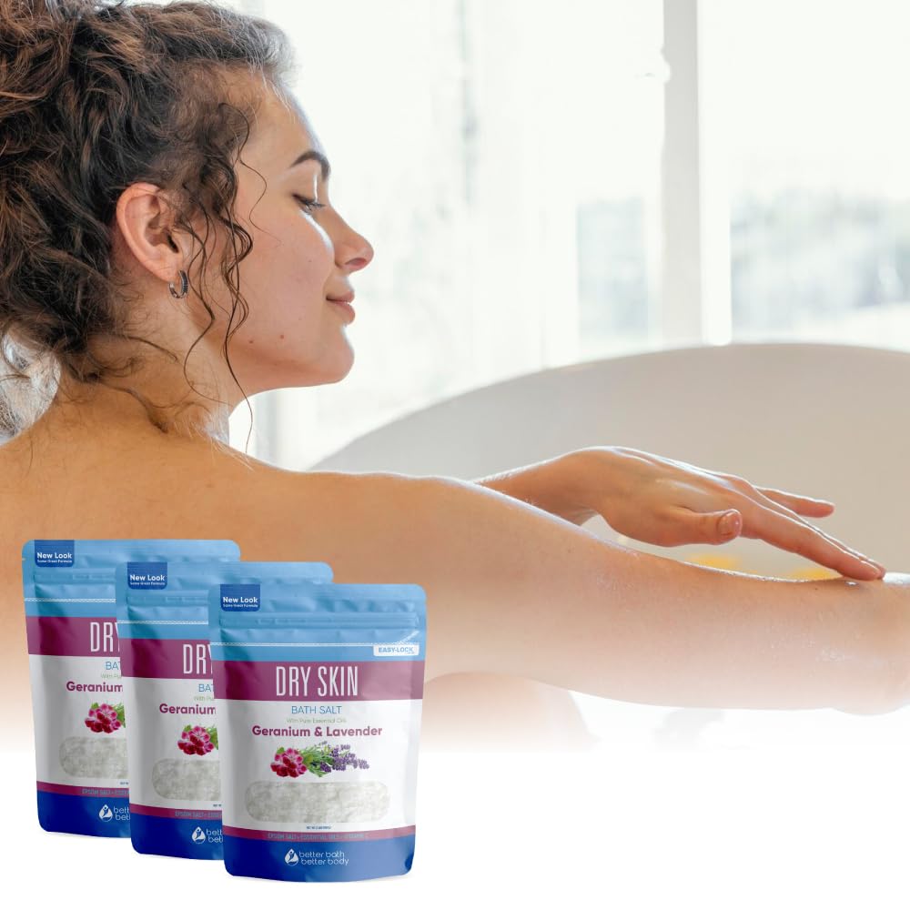 Dry Skin Bath Salt (3 Pack) Skin Soothing Epsom Salt with Pure Essential Oils in BPA Free Pouch with Press Lock Seal Made in USA Three 2 Lbs Pouches 6 Lbs Total