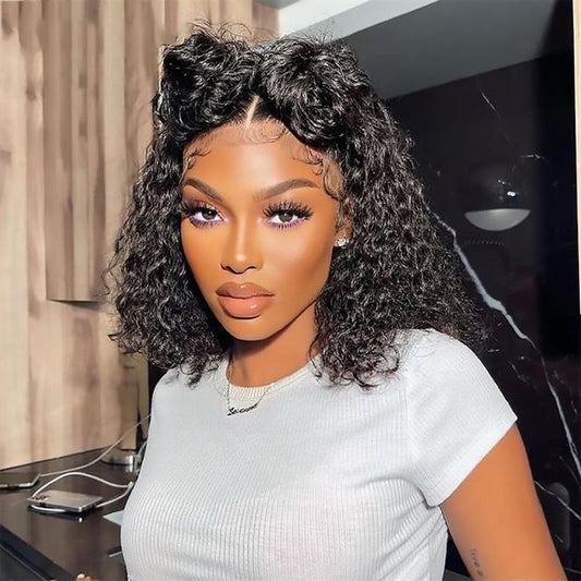 DZFAYESM 13x4 Deep Wave Lace Front Wigs Human Hair 200% Density Black Curly Human Hair Wig Short Natural Wigs for Black Women Transparent Lace Frontal Wig for Daily Wear 12 Inch