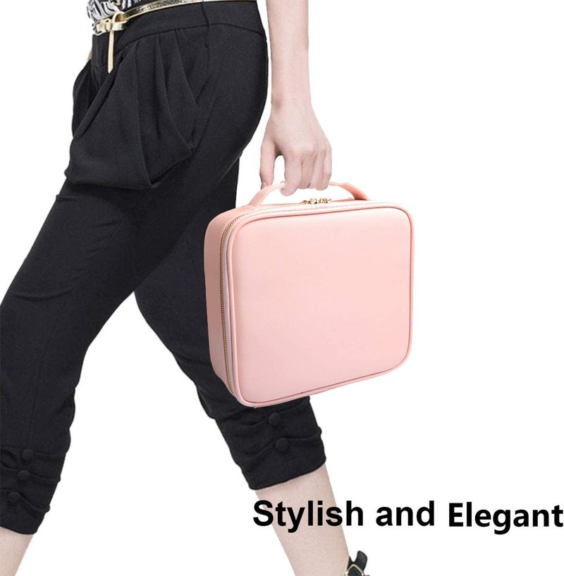 Bvser Travel Makeup Case, PU Leather Portable Organizer Makeup Train Case Makeup Bag Cosmetic Case with Adjustable Dividers for Cosmetics Makeup Brushes Women (Pink)