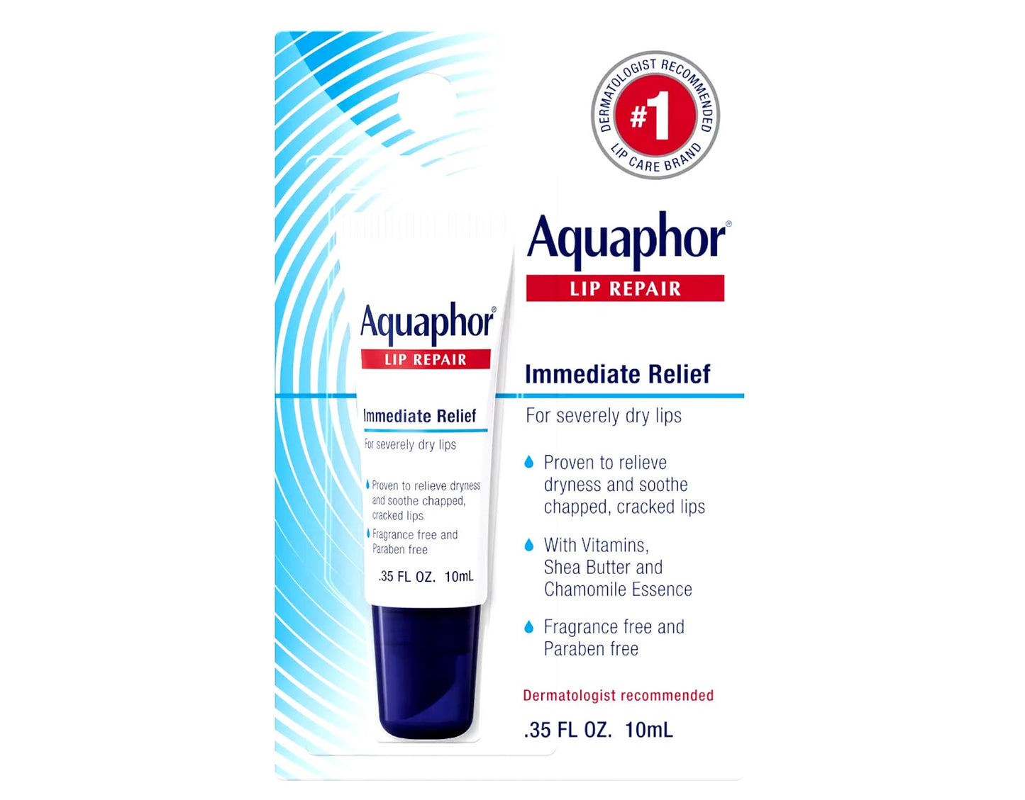 Aquaphor Lip Repair Ointment - Long-lasting Moisture to Soothe Dry Chapped Lips - .35 fl. oz Tube, 4 Pack