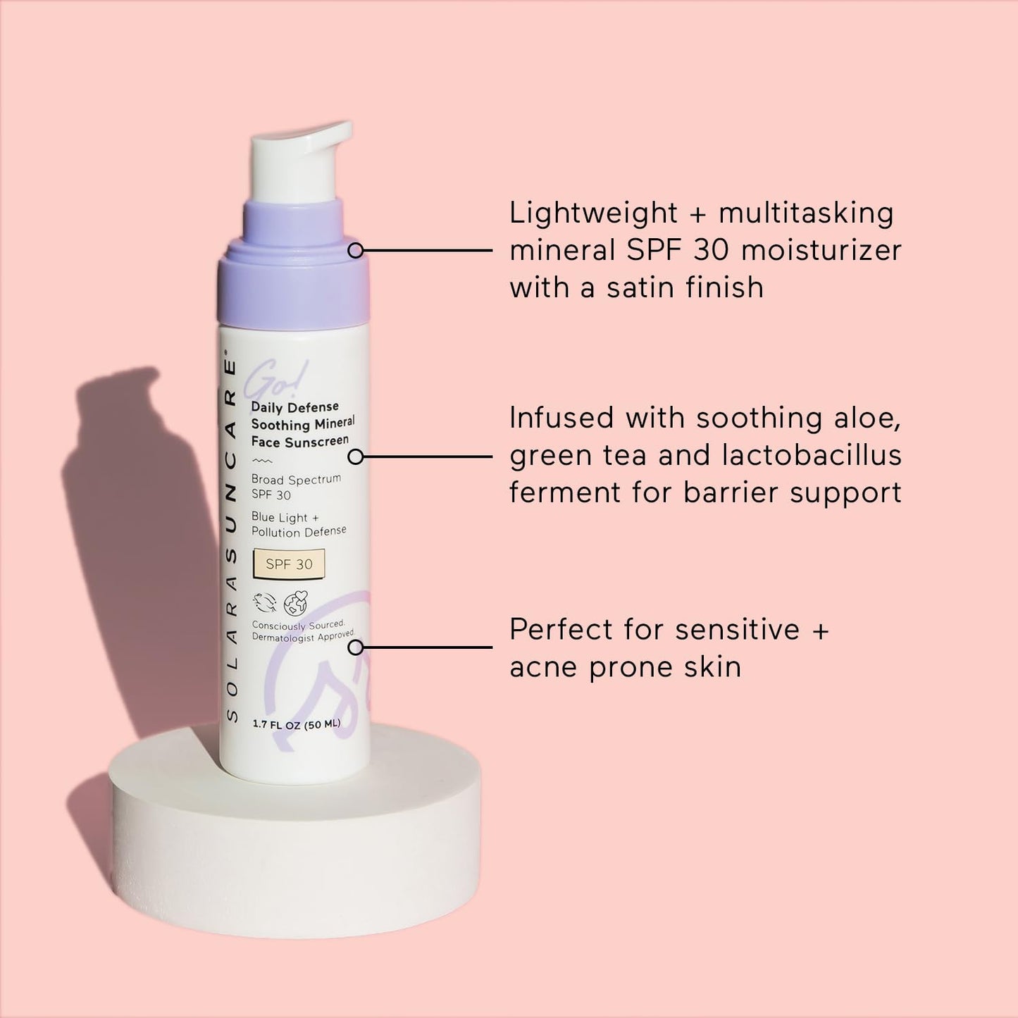 Solara Suncare - Go! Daily Defense Soothing Mineral Face Sunscreen, SPF 30 | EWG Verified, Vegan, Cruelty Free, Reef friendly | Lightweight, Safe For Sensitive Skin (1.7 fl oz | 50 ml)