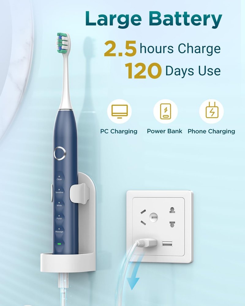 Electric Toothbrush Set - Sonic Rechargeable IPX7 with 8 Brush Heads | Travel Case, 5 Modes, 120 Days Battery Life, Blue