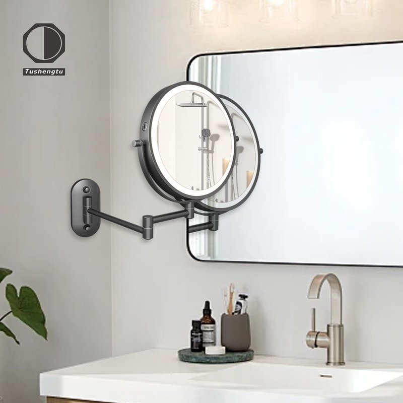 8“Wall Mounted Makeup Mirror With Lights, 10x Magnifying Mirror Wall Mount for Vanity, Bathroom and Shaving, Rechargeable Wall Mounted Makeup Mirror Swing Arm with Adjustable Brightness (Black-10X)