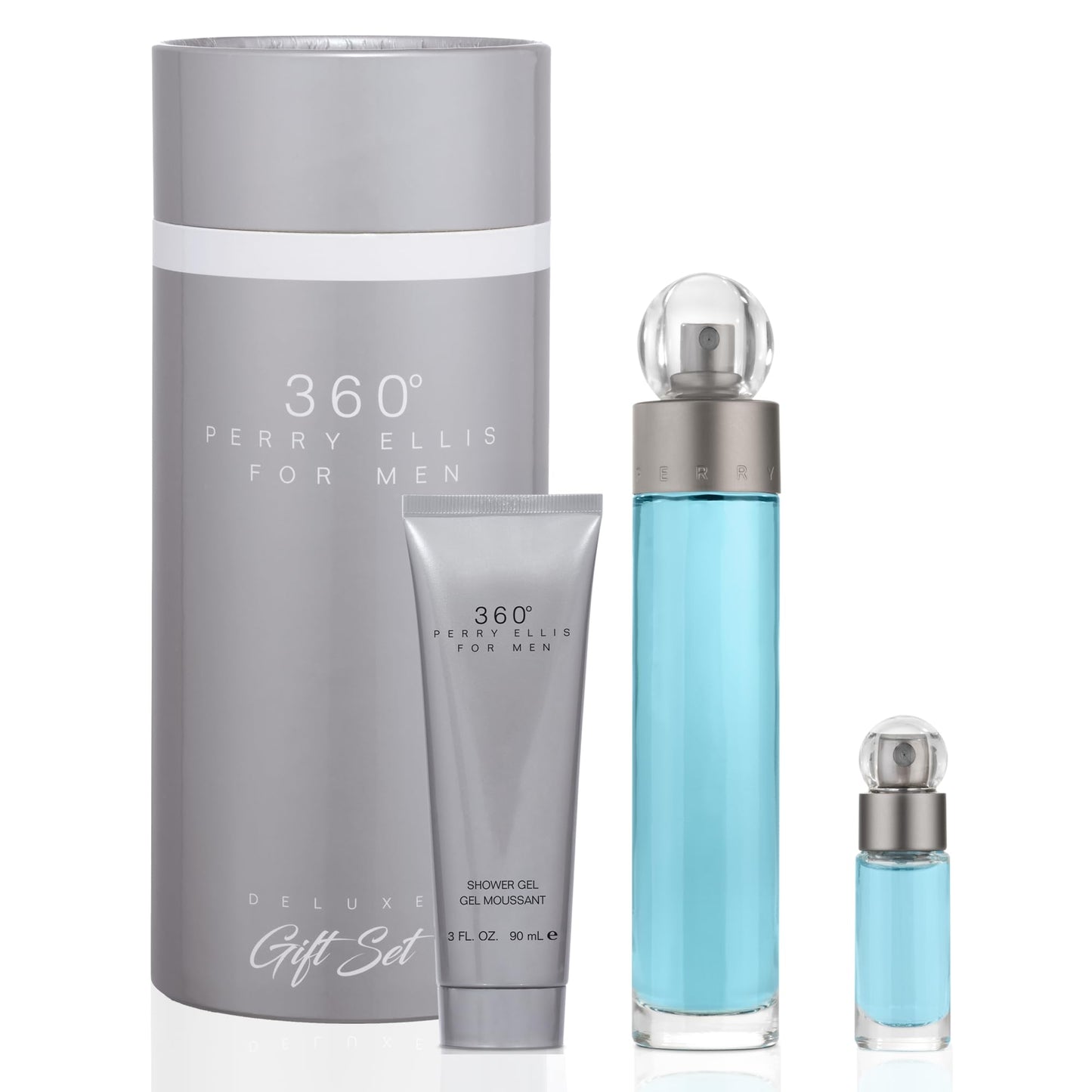 Perry Ellis 360° 3-Piece Gift Set - Men's Cologne - 3.4 fl oz EDT, 3 oz Shower Gel, .25 fl oz EDT mini travel spray - fresh, woody, citrus, aquatic, long-lasting, gift idea