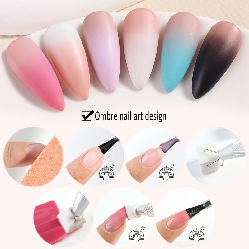 Ombre Gel Nail Polish Kit, 6PCS Colorful Painting Nail Gel Black White Pink Paint Gel for Nails Gradient Design Soak Off UV Pastel Nail Polish Set with Ombre Sponge Nail Brush French Tip Guide