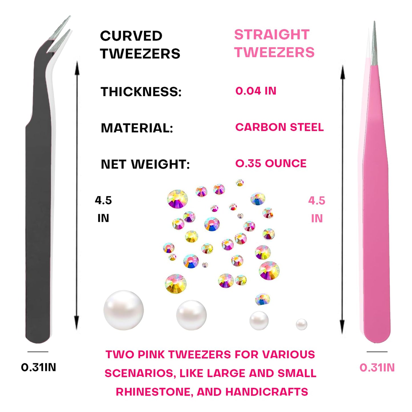 14 Pcs Rhinestone Picker Tool - 3 Pcs Dual-head Pens with 6 Wax Tips, Useful Clay, Precision Curved and Straight Tweezers Kit for Picking Up Nail Art Gems, Stones, Crystals, and Nail Charms