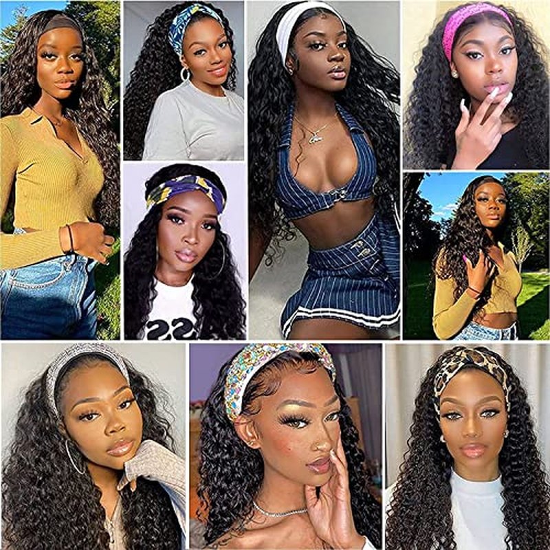 Deep Wave Headband Wig Human Hair 16 Inches Glueless None Lace Front Wigs Machine Made 150% Density Natural Color Human Hair Wigs for Women