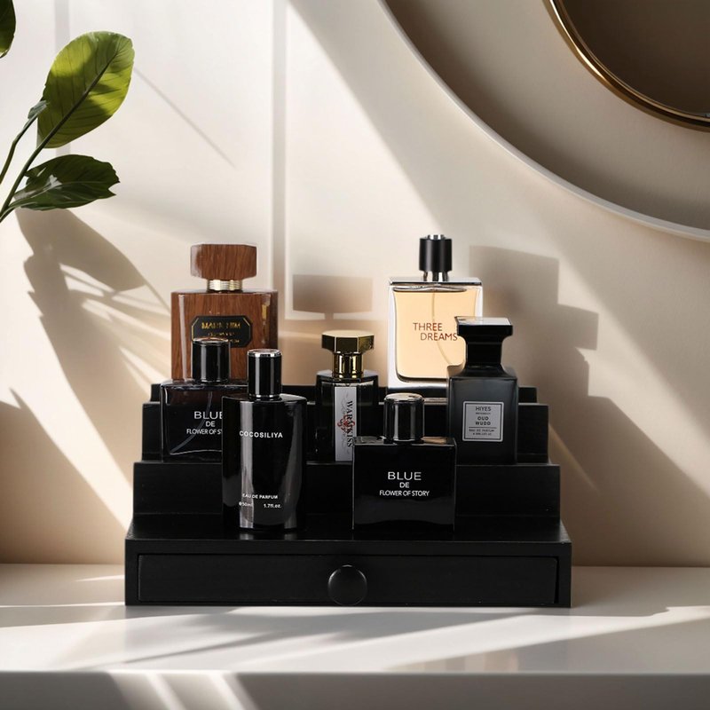 Fengligoo Black Wooden Cologne Organizer for Men - 3 Tier Wooden Perfume Display Stand with Drawer and Hidden Compartment for Organizing and Storing, Cologne Holder Shelf for Dresser