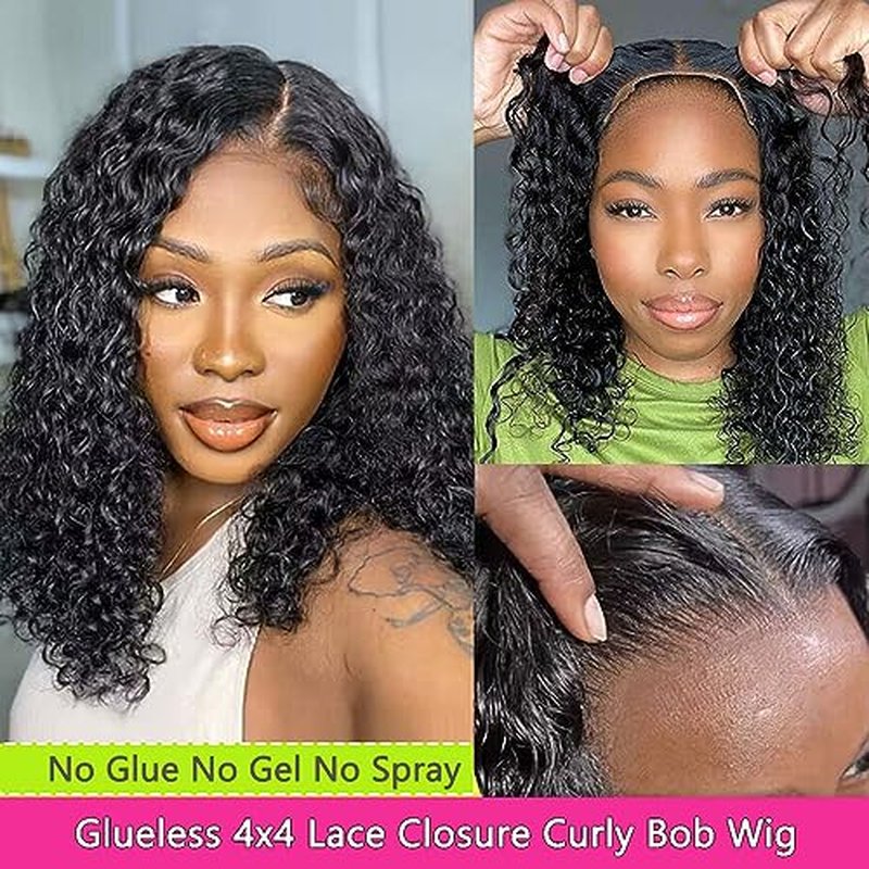 GOLFMAX Wear and Go Glueless Wigs Human Hair Pre Plucked Pre Cut Short Bob Wig Human Hair Wigs With Elastic Band For Black Women Deep Wave Curly 4x4 Closure Wig Water Wave Wigs 12 Inch
