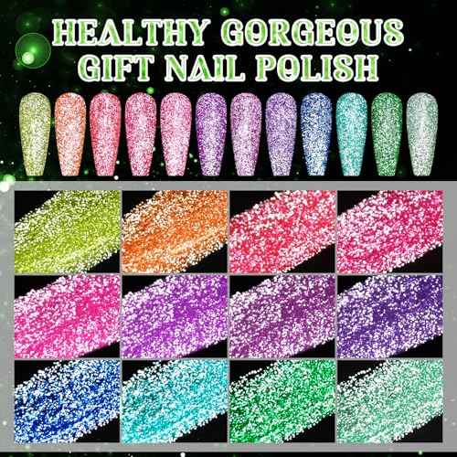 MTSSII Reflective Glitter Neon Gel Nail Polish Set, 12 Colors Gel Nail Polish Set Nails Gel Blue Hot Pink Purple Green Soak Off Uv Led Gel Nail Polish Kit Nail Gift for Her