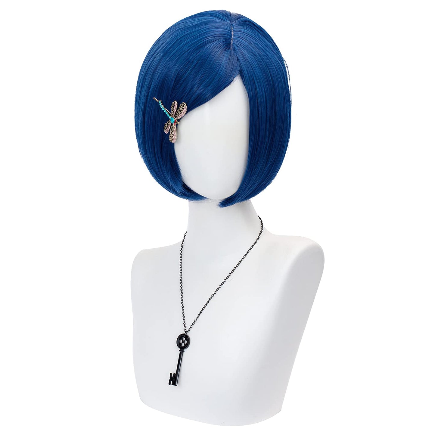 TSNOMORE Dark Blue Bob Cosplay Wig for Women Short Straight Synthetic Wig with Key Necklace and Dragonfly Hairclip, Halloween Costume Party Cosplay Wig for Aldult (A-Dark blue)