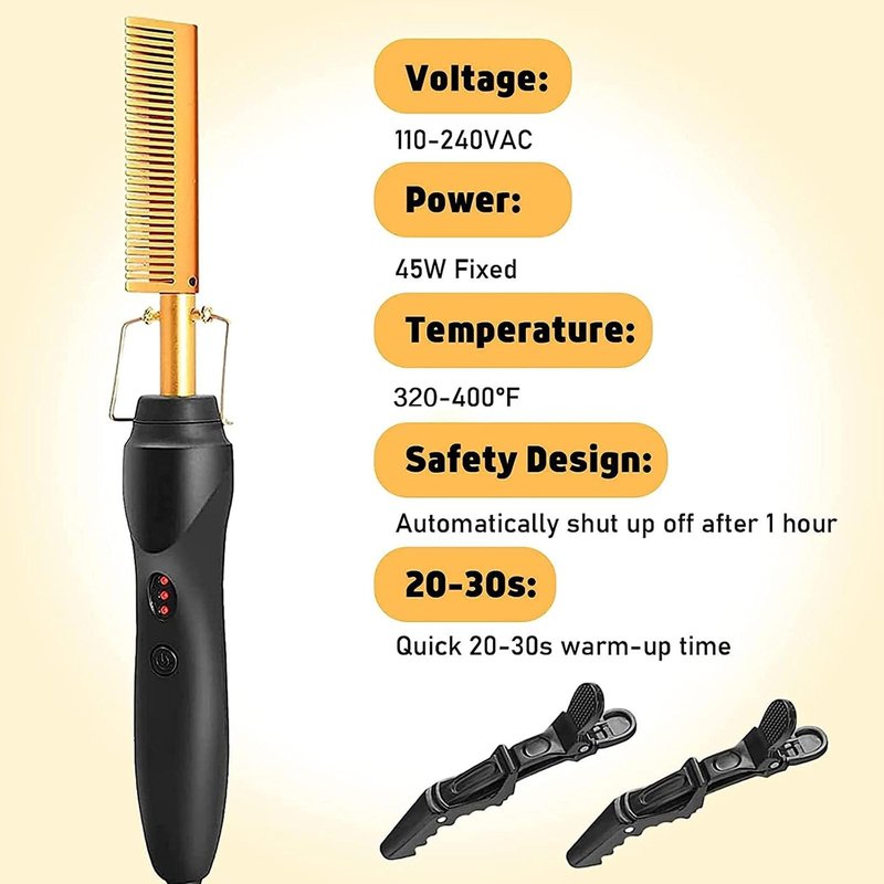 Diamond Electric Adjustable Temperature Hair Straightener Brush Set for Wigs and Natural Black Hair (Gold)