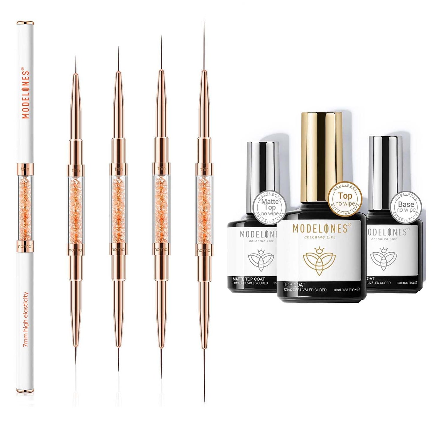 modelones Thin Liner Nail art Brushes with Gel Top and Base Coat for Nail Gel Polish Designs with Arylic Rhinedtone Handle