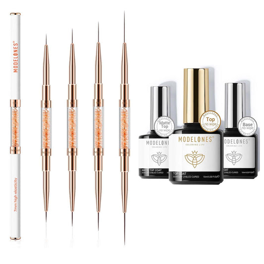 modelones Thin Liner Nail art Brushes with Gel Top and Base Coat for Nail Gel Polish Designs with Arylic Rhinedtone Handle