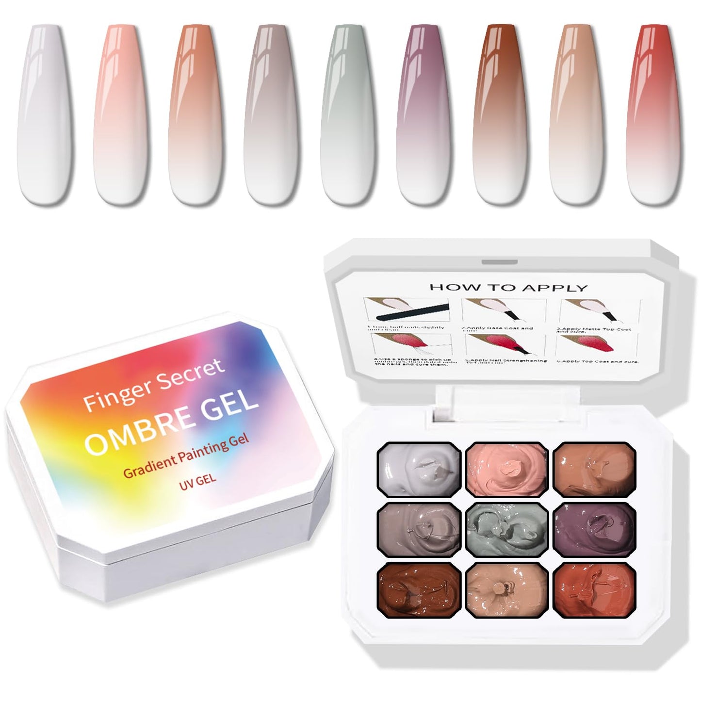 Ombre Nail Gel Set - 9 Colors Sponge Pat Paint for Floral Nail Art, No Wipe, UV/LED Curing