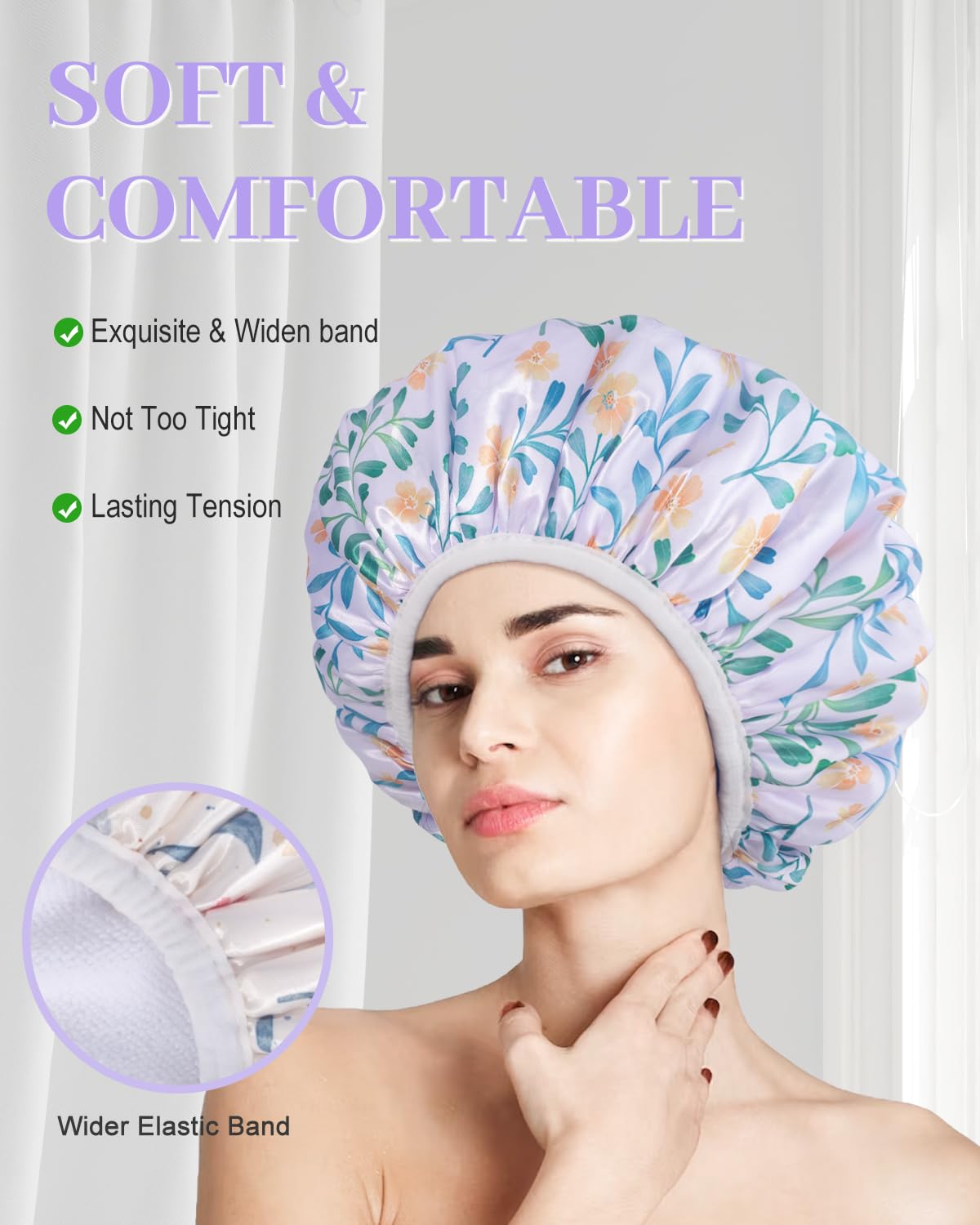 Gootty Shower Cap, Terry lined Reusable shower caps, Large Shower Cap for Women, Waterproof Hair cap Triple Layer Shower Caps for Long Thick Hair