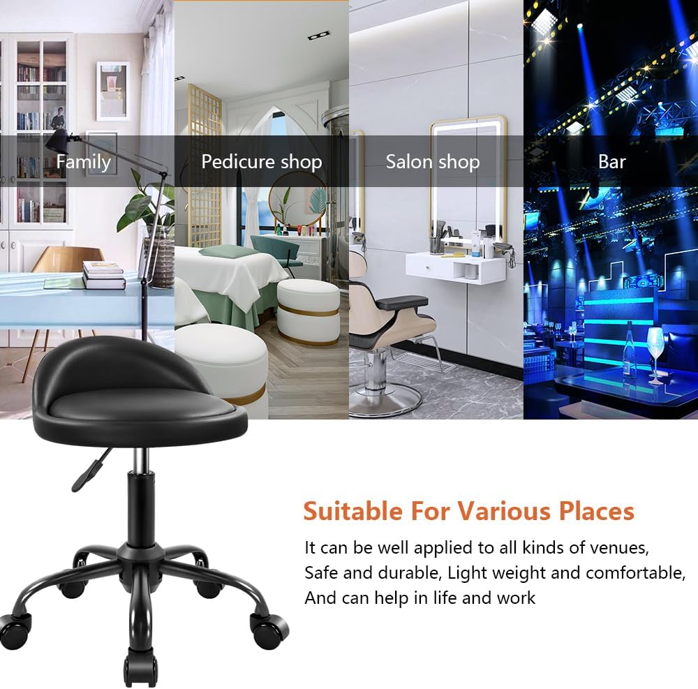 Rolling Stool with Backrest - Height Adjustable Swivel Drafting Chair | PU Leather, Small, Black