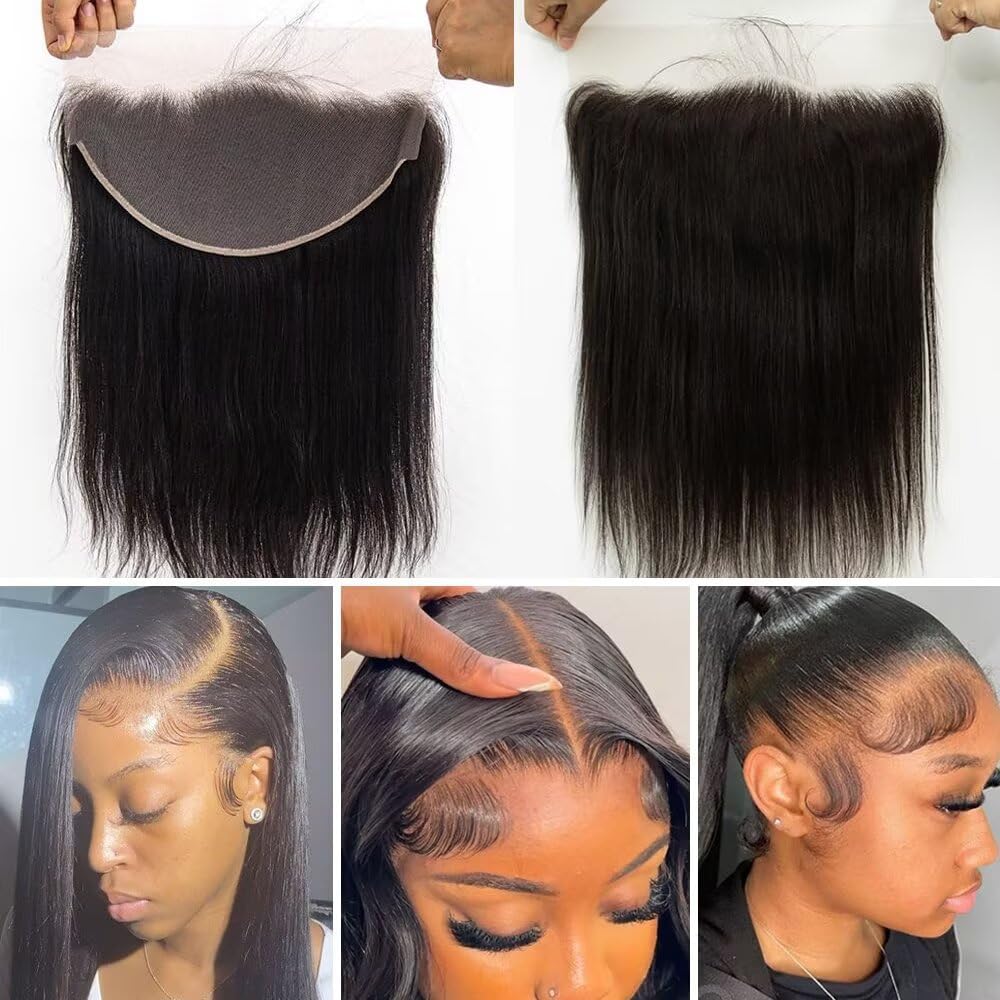 13x4 Lace Frontal Closure Human Hair 16 Inch 100% Virgin Brazilian Straight Human Hair HD Lace Closure Hair Ear to Ear Lace Frontal Pre Plucked Natural Black Color