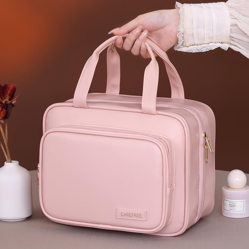 Waterproof Leather Toiletry Bag for Women, Hanging Travel Toiletry Bag with Hanging Hook, Large Travel Makeup Bag Cosmetic Organizer for Toiletries, Bathroom Shower, Makeup Accessories (Brown)