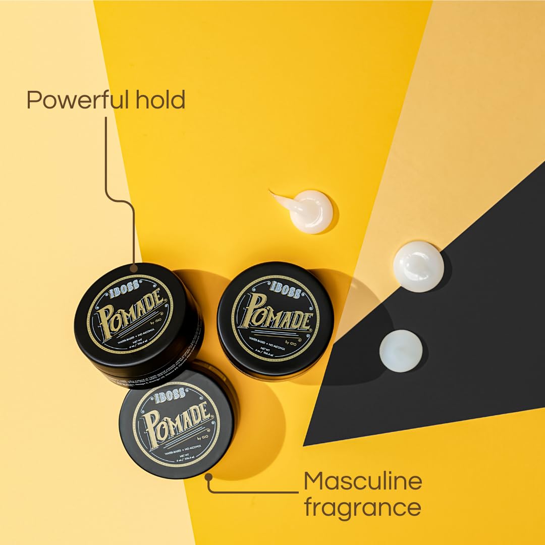Rev320 iBOSS Water-Based Pomade for Men Strong Hold & Slick Shine, Free of Alcohol, Sulfates, & Parabens, 3.6 oz, Vegan & Cruelty-Free Hair Pomade Men
