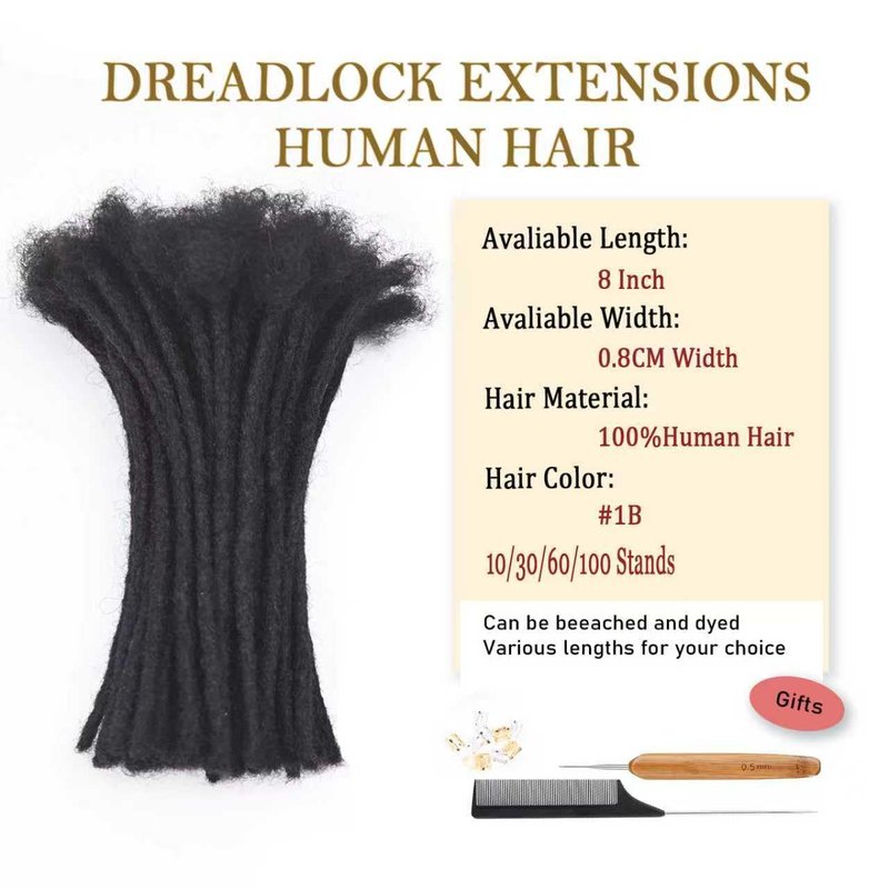 8 Inch 0.8cm Thickness Dreadlock Extensions Human Hair 30Strands 100% human hair Full handmade Loc Extensions Human Hair Can Be Curled and Bleached Dreads Extension for Men Women （ #1B）
