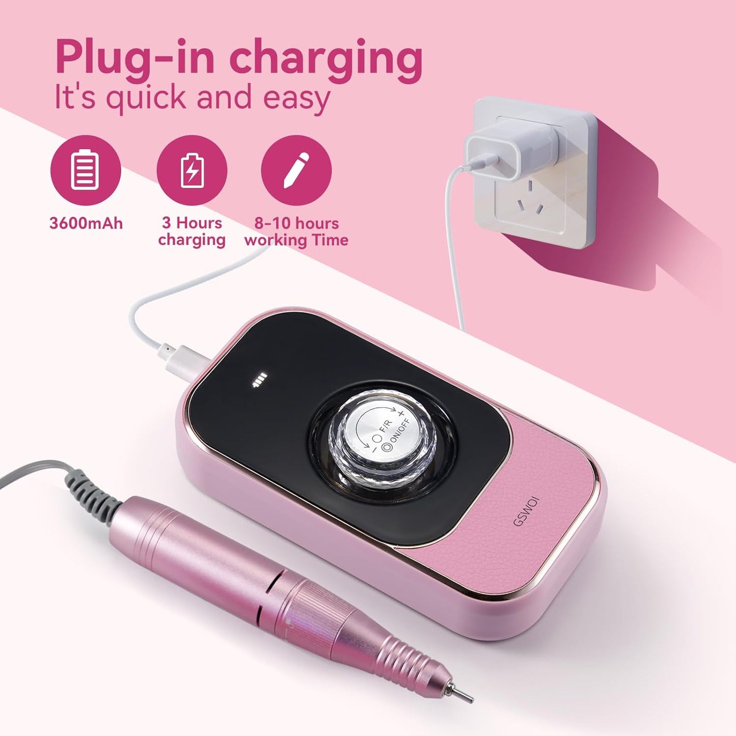 Portable Nail Drill - 45000RPM Electric File for Acrylic Nails | Cordless Rechargeable E-File with Bits & Base