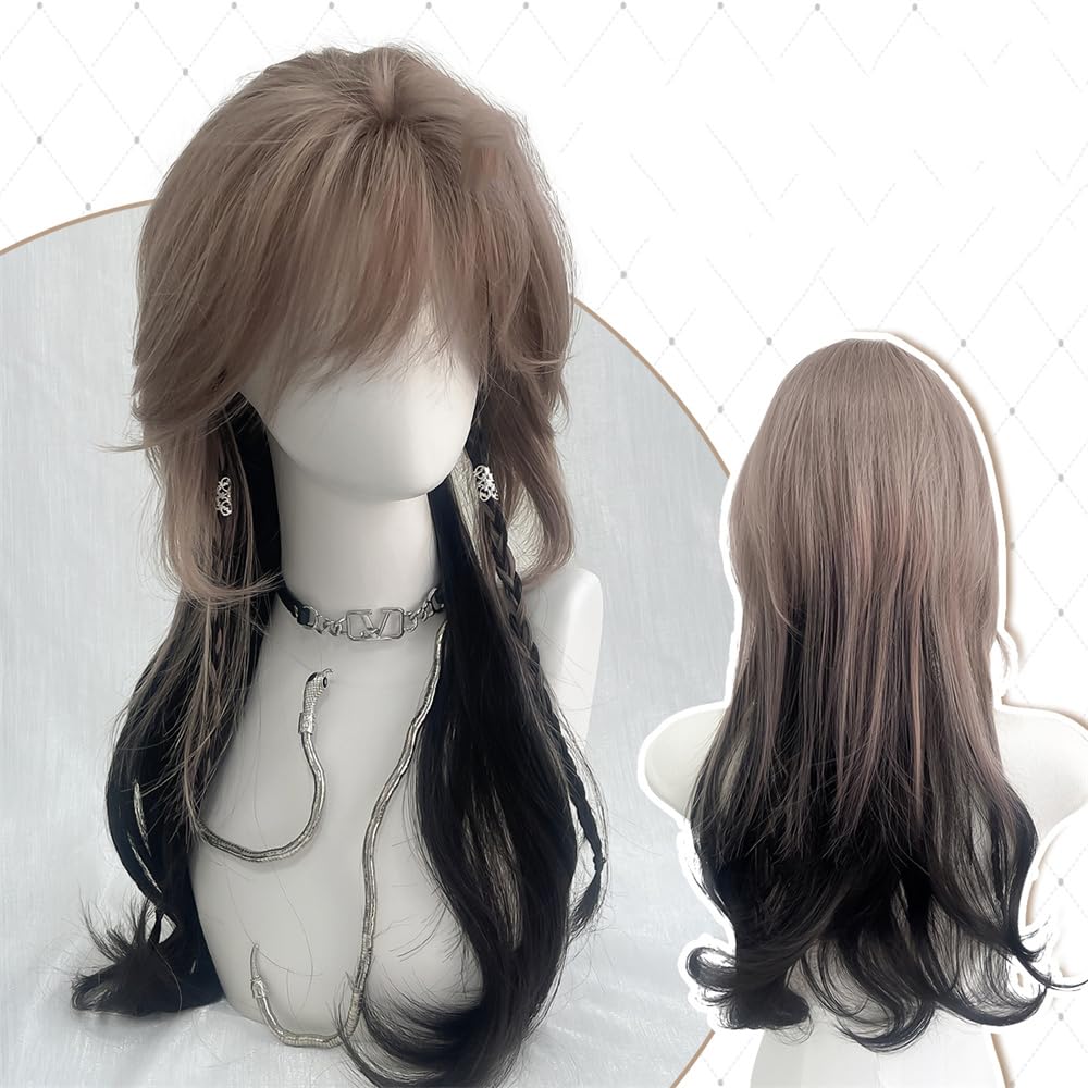 VVRPWASSLY Brown and Black Wig with Bangs Jellyfish Head Long Curly Hair High Temperature Silk Wig for Party