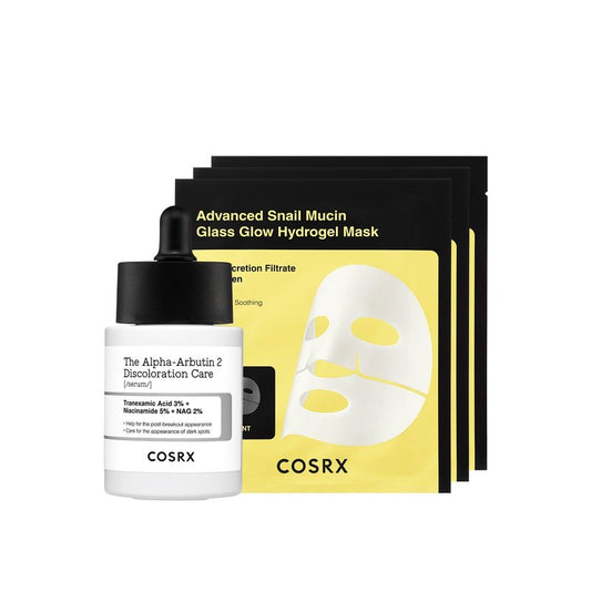 COSRX 2% Alpha Arbutin Discoloration Care Serum + Advanced Snail Mucin Glass Glow Hydrogel Masks