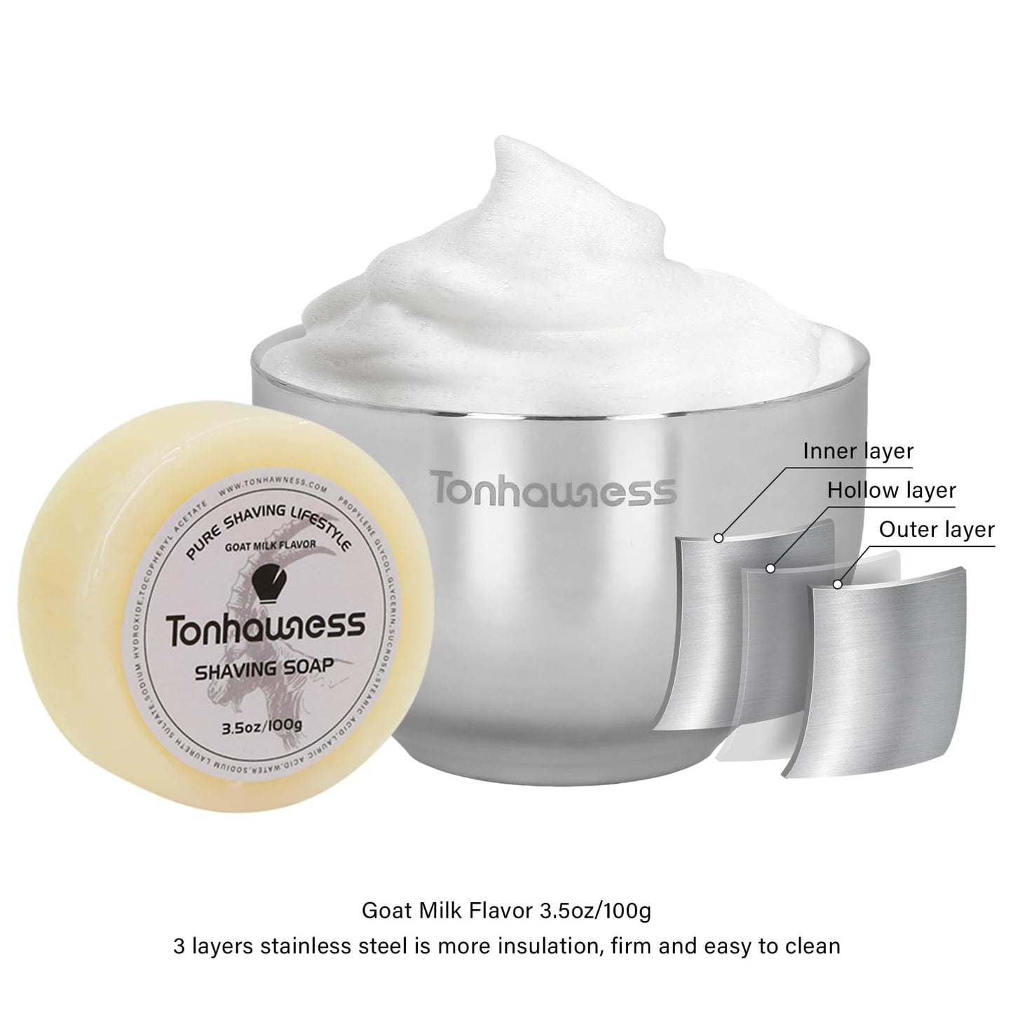 Tonhawness Shaving Brush Kit for Men, 4 in 1 Shaving Brushes Set Includes Badger Hair Shave Brush, Stainless Steel Shaving Bowl&Stand and Goat Milk Flavor Shaving Soap
