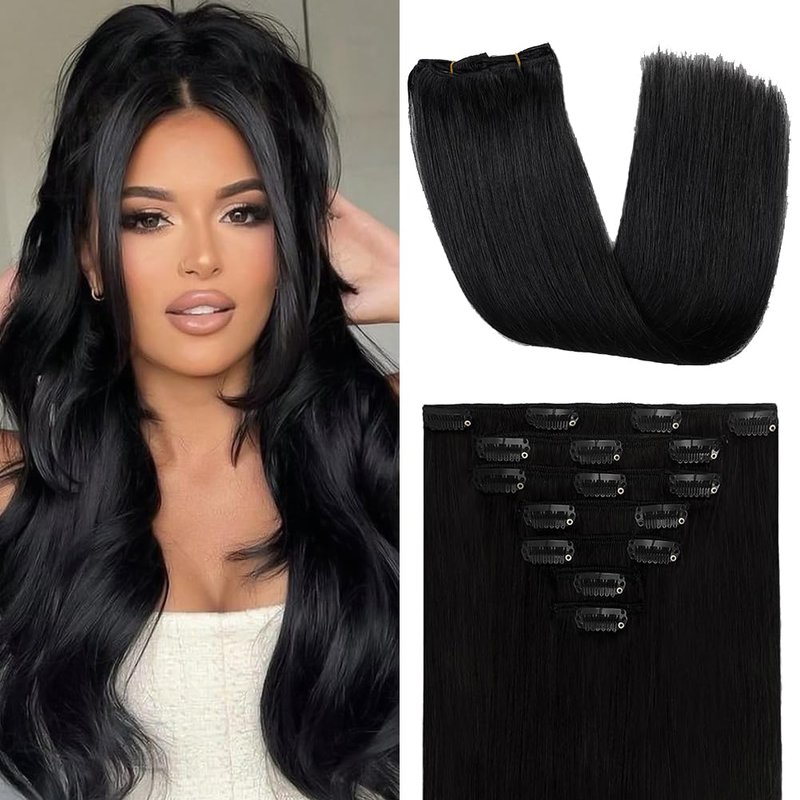 Clip In Hair Extensions - 18 Inch Straight Real Human Hair, Jet Black | 7Pcs, 95g Double Weft