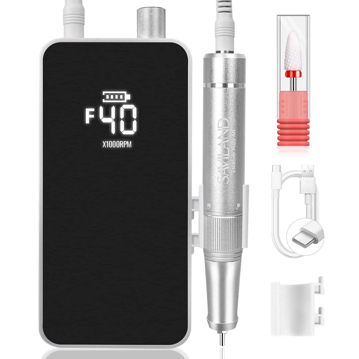 SAVILAND Plus Electric Nail Drill Professional: 40000 RPM High Speed Electric Nail File with Coreless Motor Rechargeable Nail Drill for 14 H Battery Life to Quick Acrylic Nails Gel Polishing Removing