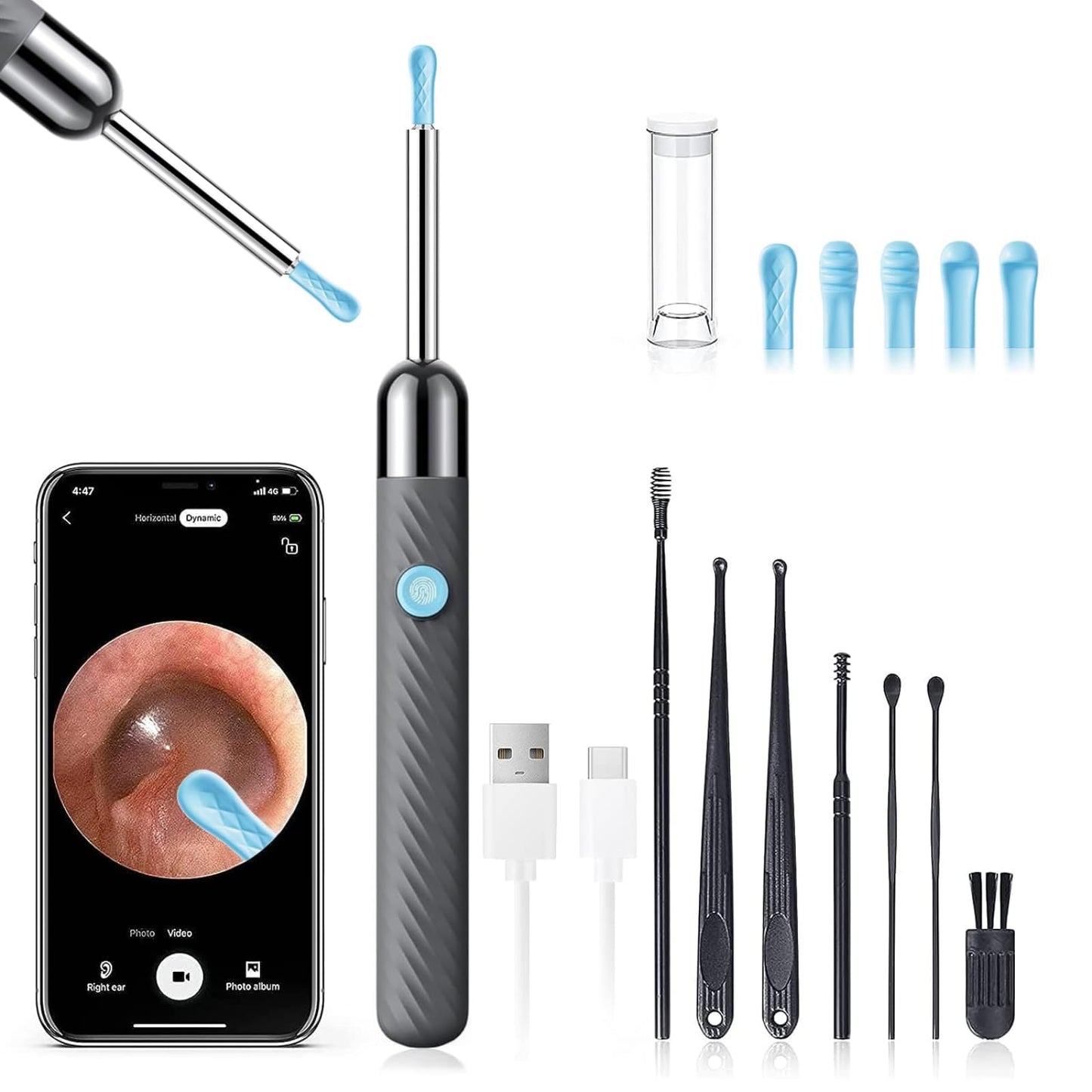 LEIPUT Ear Wax Removal - Earwax Remover Tool with 8 Pcs Ear Set - Ear Canal Cleaner with 1080P Camera - Ear Cleaning Kit with 6 Ear Spoon - Ear Camera for iOS & Android (Grey)