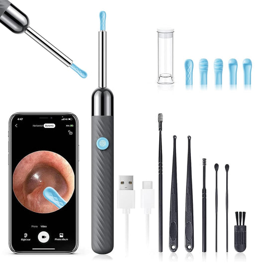 LEIPUT Ear Wax Removal - Earwax Remover Tool with 8 Pcs Ear Set - Ear Canal Cleaner with 1080P Camera - Ear Cleaning Kit with 6 Ear Spoon - Ear Camera for iOS & Android (Grey)