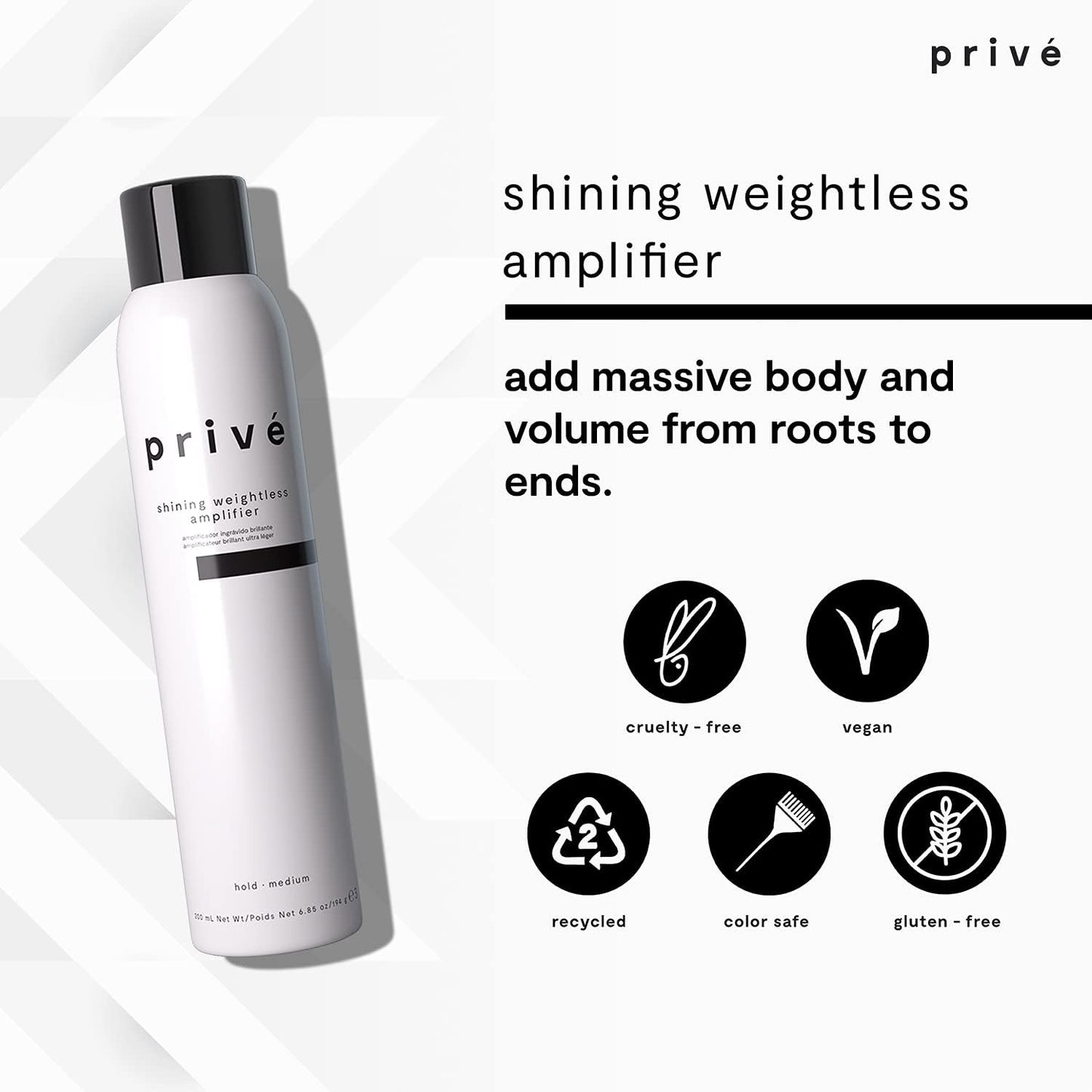 Privé Shining Weightless Amplifier Hair Mousse - Volumizing Mousse for Hair Volume with Bamboo & Green Tea for Root Lift, Shine & Strength - Helps Add Body to Dull, Flat Strands (6.85 oz)