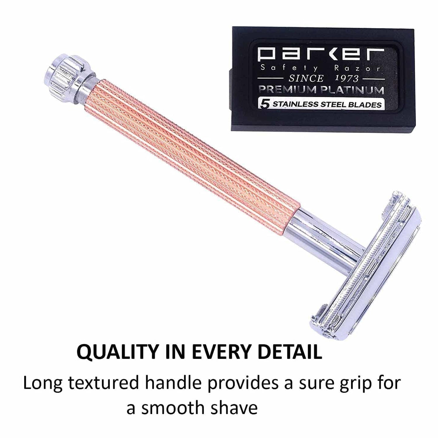Parker 29L Rose Gold, Long Handle Butterfly Open Double Edge Safety Razor for Men & Women, 5 Parker Premium Platinum Double Edge Razor Blades Included