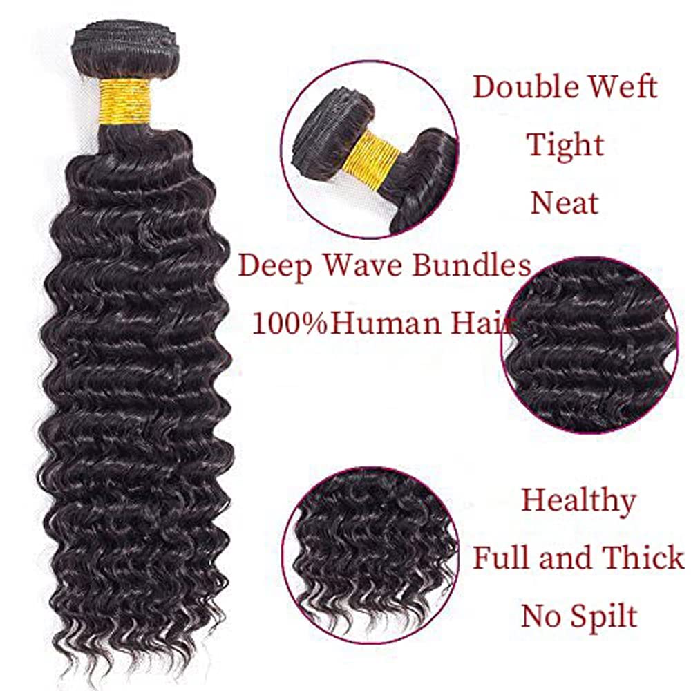 1B Deep Wave Human Hair Bundles Brazilian Virgin 3 Bundles 14 16 18 Inch Black Deep Curly Bundle Human Hair Extensions 50 Gram Per Bundle