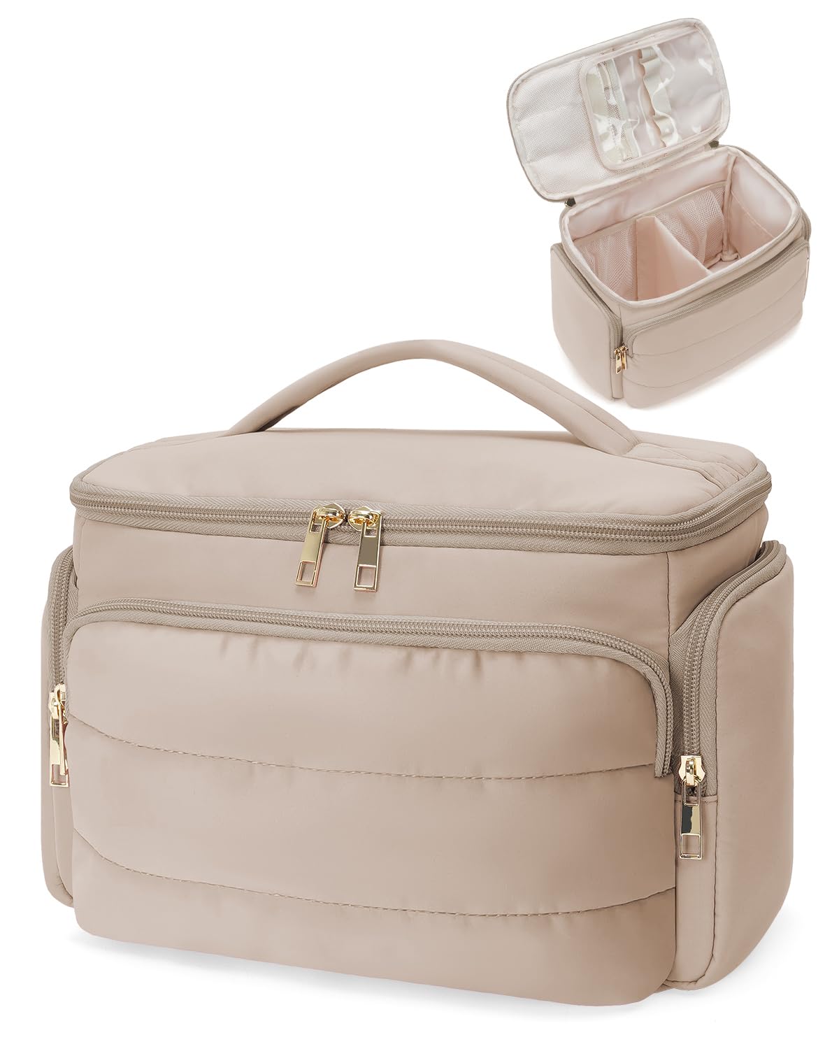 WANDF Travel Toiletry Bag for Women, Wide-open Large Makeup Bag with Handle, Puffy Makeup Organizer for Toiletries, Cosmetics, Accessories, Essentials (Light Khaki)