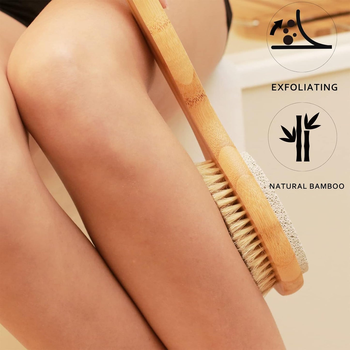 ICANdOIT 2-in-1 Long Handle Bath & Shower Brush - Boar Bristle with Pumice Stone for Exfoliating & Softening Skin | Ideal for Cellulite & Lymphatic Drainage