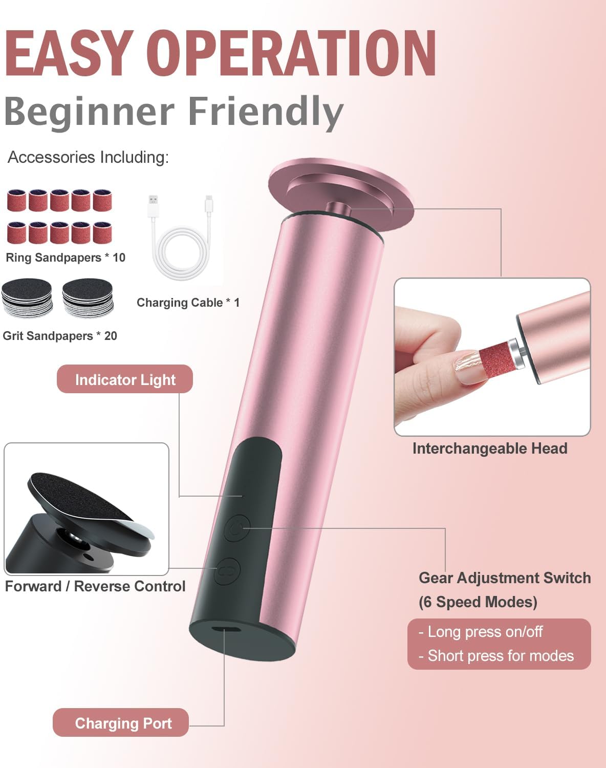 Rechargeable Electric Foot Callus Remover & Nail Drill - 2-in-1 Pedicure Tool for Cracked Feet, 6 Speed