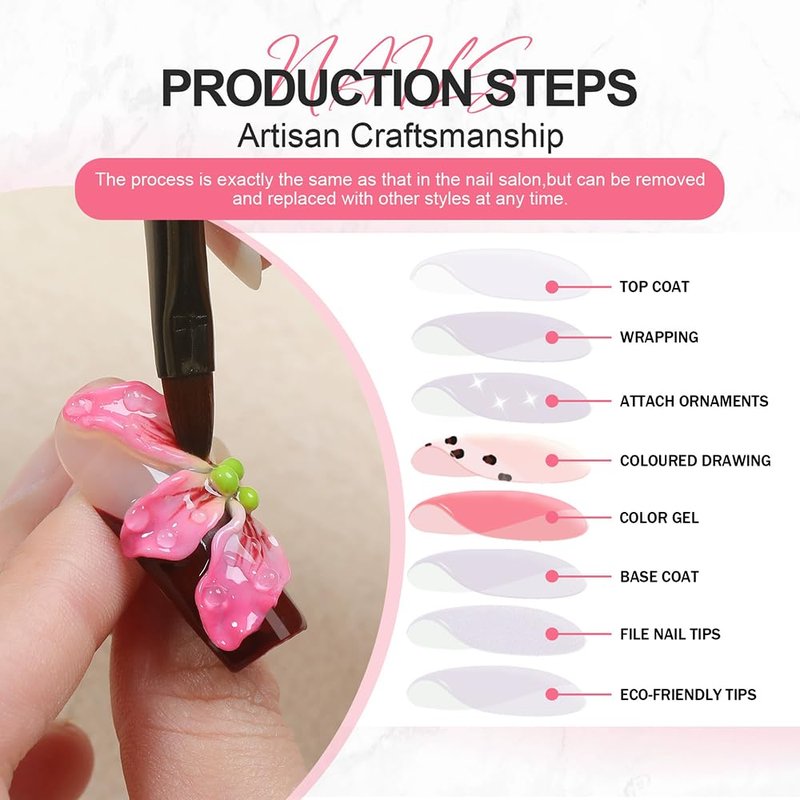 Handmade Press-On Nails - Long Square Acrylic Nails with 3D Cherry Rhinestones & Flower Designs | Pink Sparkly French Tips, 10pcs (Size M)